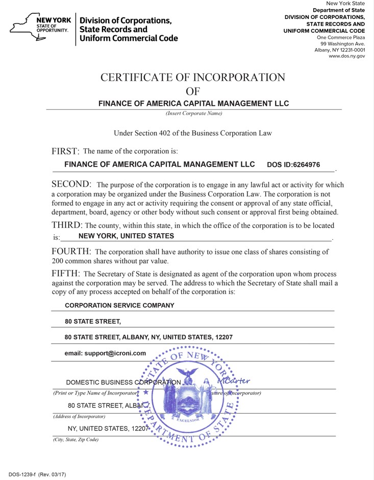Certificate of Incorporation - Finance of America Capital Management LLC